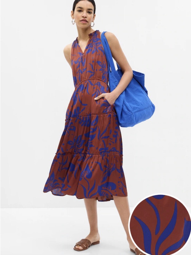 Gap Brown Midi Dress With Blue Floral Print